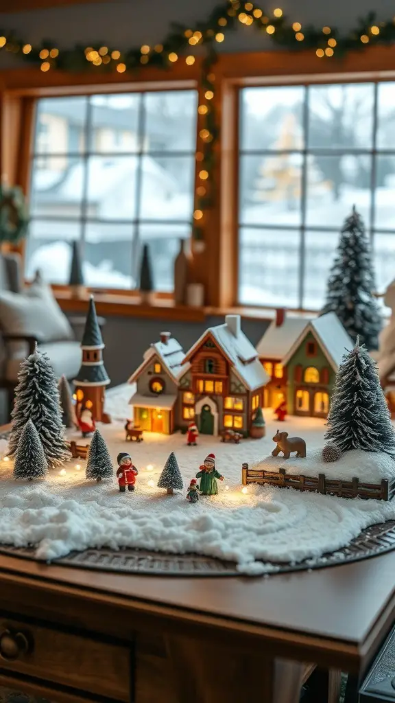 25+ Creative Christmas Coffee Table Decor Ideas to Elevate Your Holiday Style 2 A snowy village scene with figurines on a coffee table, featuring houses, trees, and festive decorations.