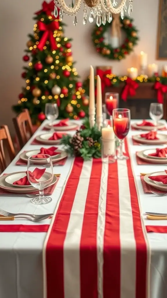 29+ Stunning Christmas Table Runner Ideas for a Festive Holiday Table 2 A beautifully set dining table with a red and white striped runner, surrounded by festive decorations.