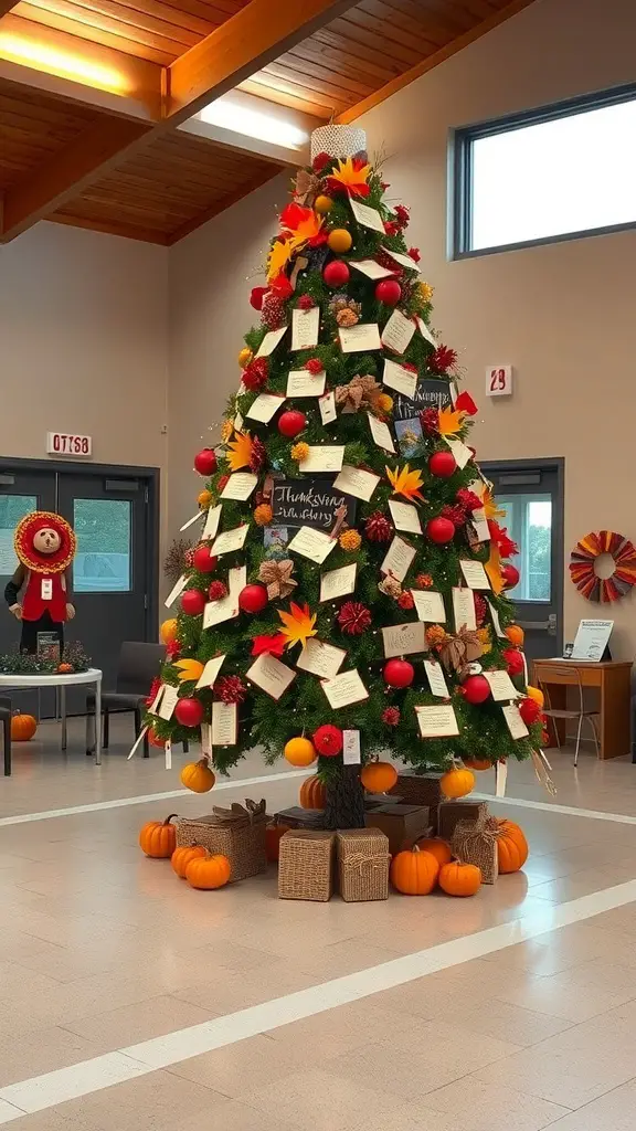 A beautifully decorated Thanksgiving tree with notes of gratitude and fall decorations.