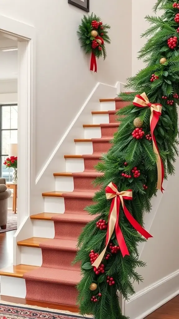 A staircase decorated with a lush green garland, red berries, and ribbons, alongside a matching wreath on the wall.