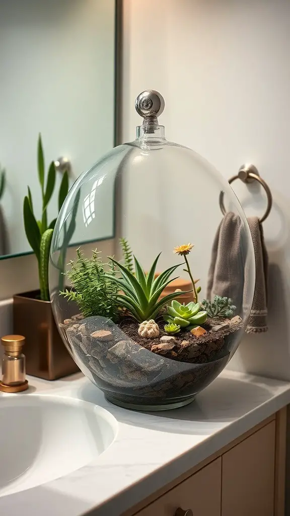 27+ Creative Plant Display Ideas to Transform Your Bathroom 2 A glass terrarium with various plants on a bathroom vanity.