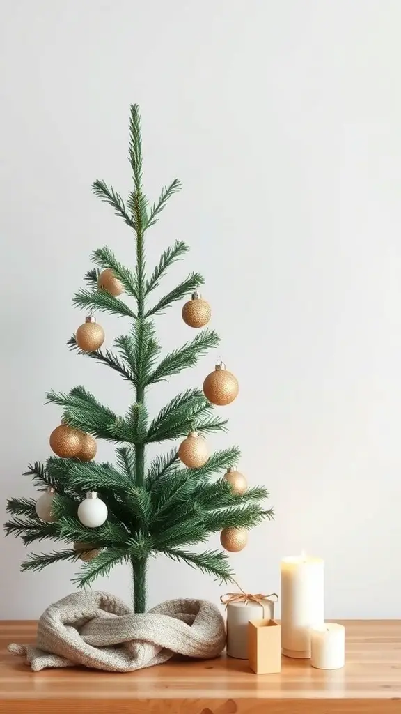 27+ Adorable Tabletop Christmas Tree Ideas for Your Holiday Decor 11 A simple tabletop Christmas tree with gold and white ornaments, accompanied by candles and a cozy blanket.