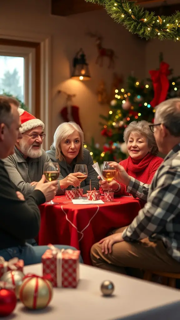 27+ Creative Christmas Party Ideas for Adults 15 A group of adults enjoying a Christmas trivia game night with drinks and festive decorations.