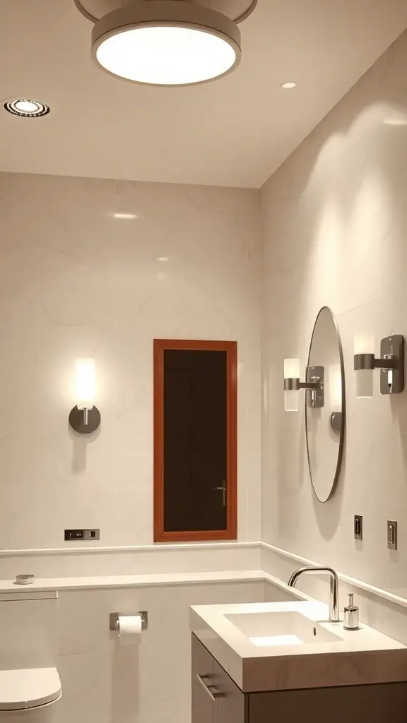 29+ Stylish Lighting Ideas to Transform Your Bathroom 2 A modern bathroom featuring layered lighting with a ceiling fixture and wall sconces.