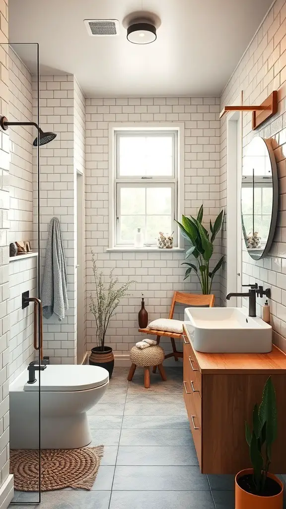 27+ Stunning Mid Century Modern Bathroom Ideas You'll Love 16 A modern mid-century bathroom featuring a wooden vanity, plants, and a large window.
