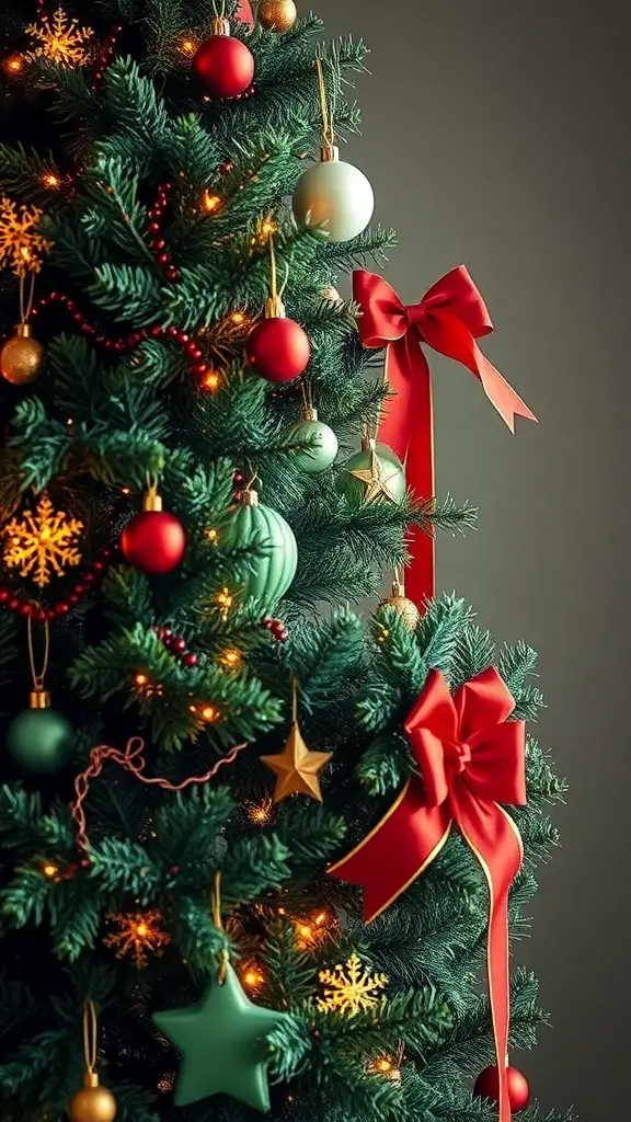 A Christmas tree decorated with red bows, ornaments, and lights.