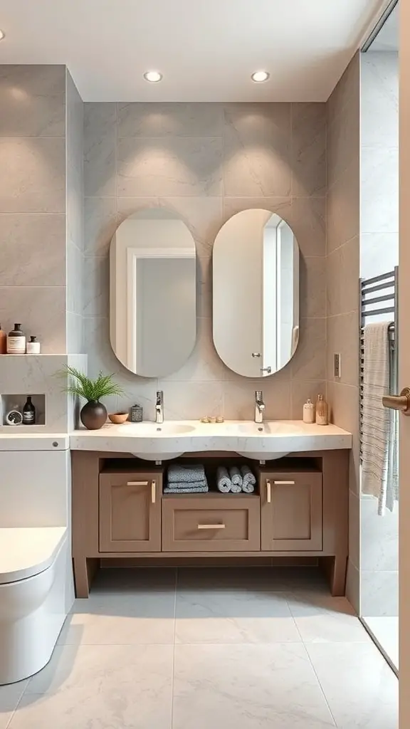 23+ Stylish Bathroom Double Sink Ideas to Enhance Your Space 2 A modern bathroom featuring a double sink with integrated storage, wooden cabinetry, and round mirrors.