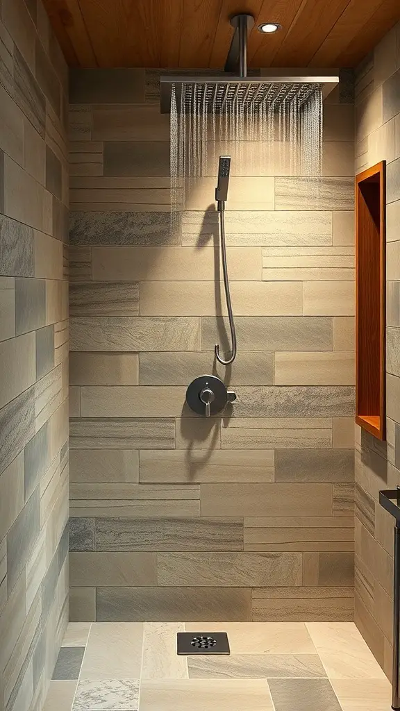 27+ Stunning Shower Tile Ideas to Transform Your Bathroom 2 A modern shower featuring natural stone tiles in warm tones with a large overhead showerhead.