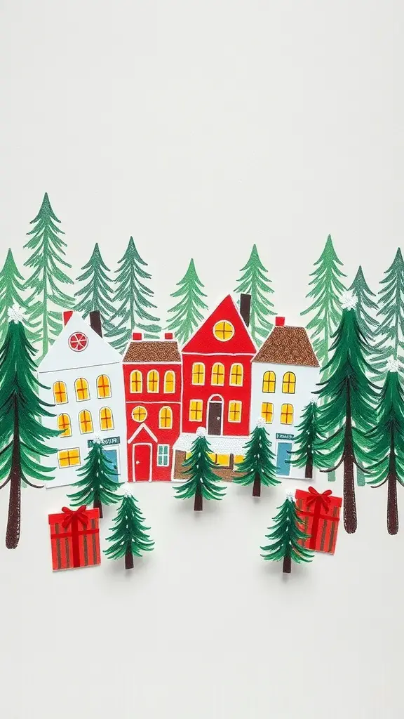 Colorful handprint Christmas village with houses and trees