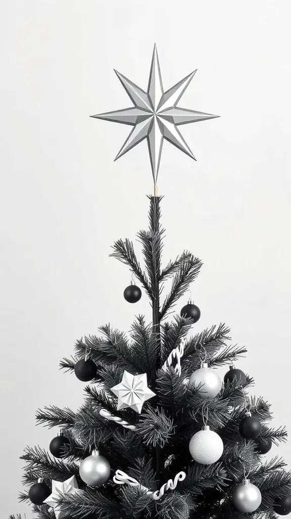23+ Stunning Christmas Tree Topper Ideas to Inspire Your Holiday Decor 15 A modern geometric star tree topper on a black Christmas tree decorated with black and silver ornaments.