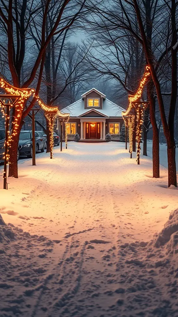 A snowy pathway leading to a house, illuminated by warm lights on trees.