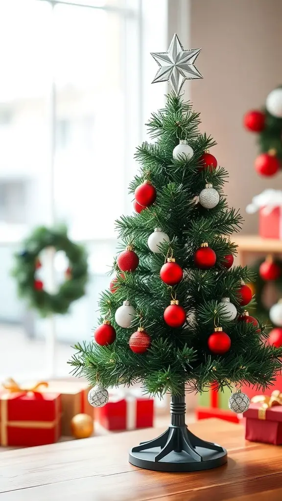 27+ Adorable Tabletop Christmas Tree Ideas for Your Holiday Decor 13 A small tabletop Christmas tree decorated with red and green ornaments, topped with a silver star, surrounded by wrapped gifts.
