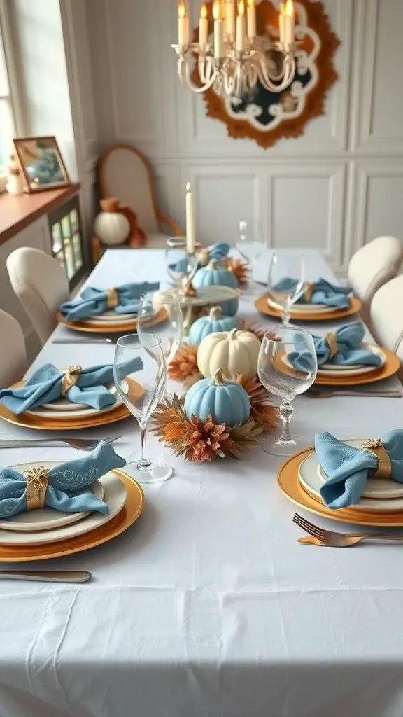 A beautifully set Thanksgiving table featuring blue linens, white tablecloth, and seasonal decorations.