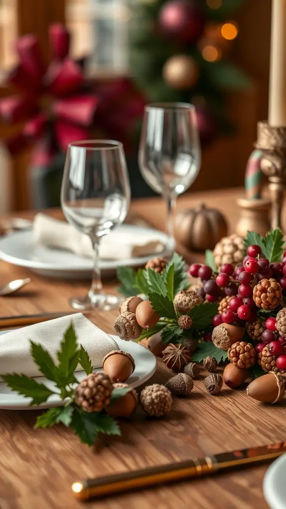 A cozy dining table with acorn and berry place settings, featuring plates, glasses, and natural decorations.