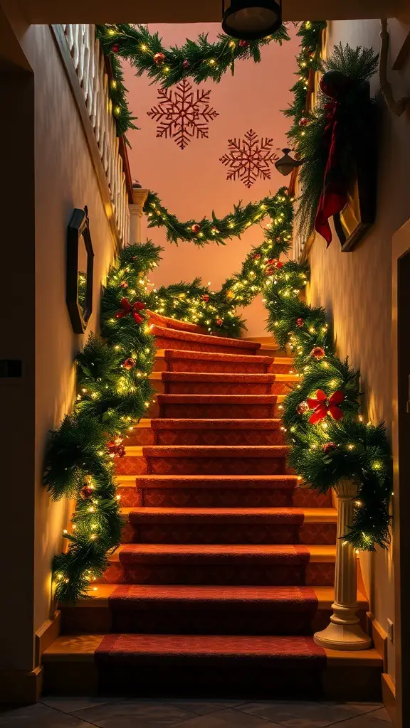 A beautifully decorated staircase with garlands, lights, and snowflake decorations for Christmas.