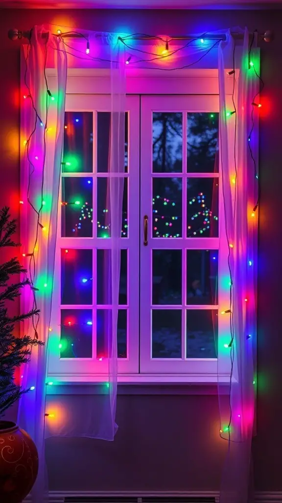 23+ Stunning Christmas Window Decorations to Brighten Your Home 7 Colorful Christmas light curtains hanging around a window, creating a festive atmosphere.