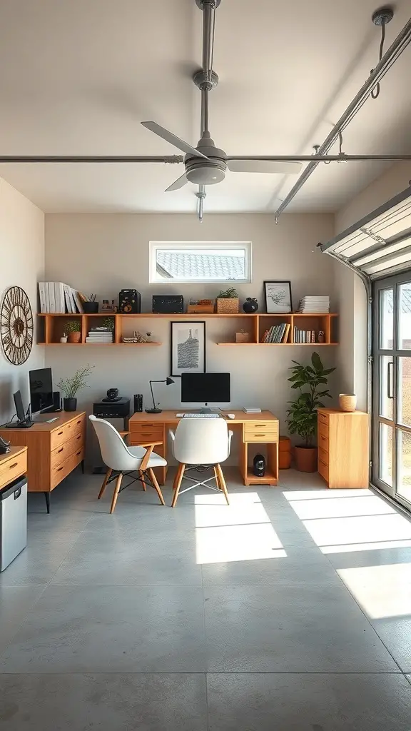23+ Creative Garage Conversion Ideas for Your Home 7 A bright and organized home office setup in a garage with wooden furniture and plants.