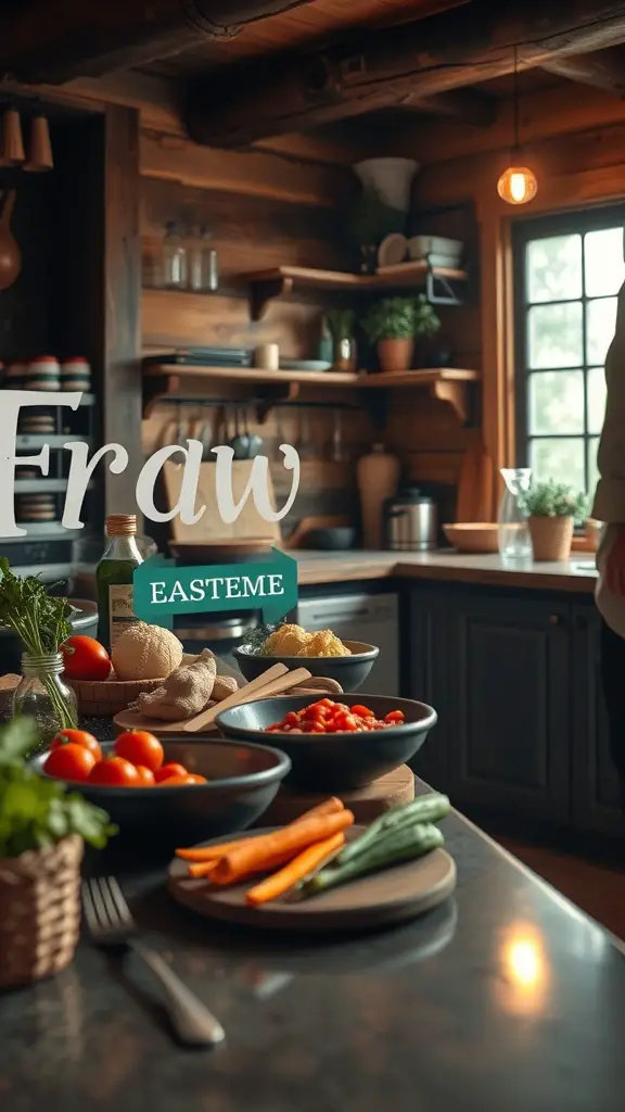 29+ Cozy Cabin Trip Ideas for Your Perfect Getaway 12 A cozy cabin kitchen with fresh ingredients laid out for cooking.