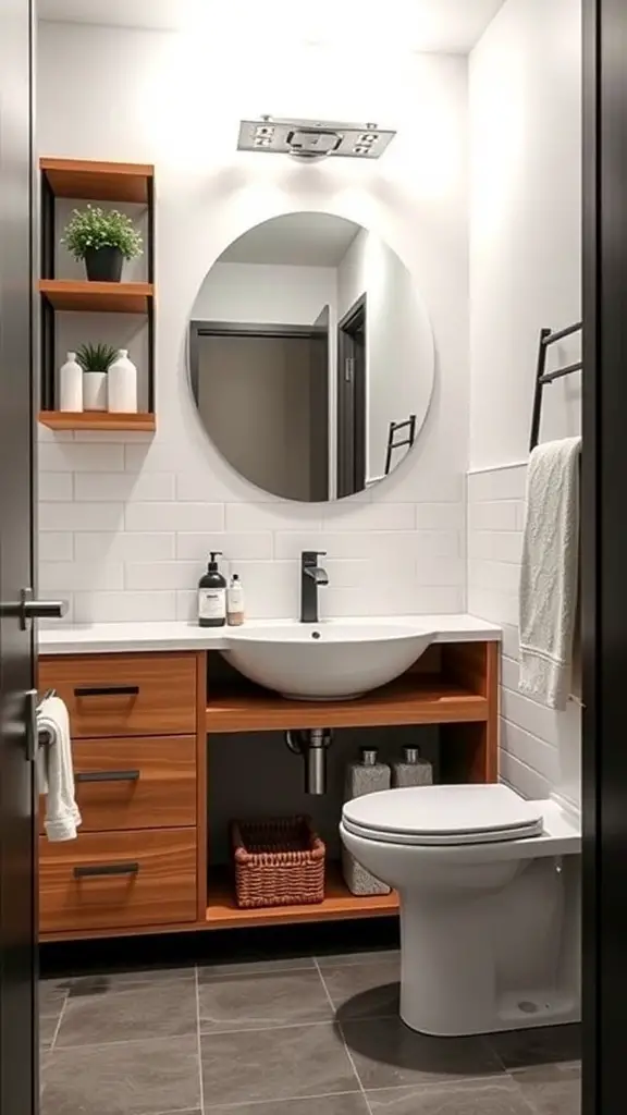 29+ Stunning Powder Room Ideas to Elevate Your Space 2 A modern powder room featuring a space-saving vanity with open shelving and a round mirror.
