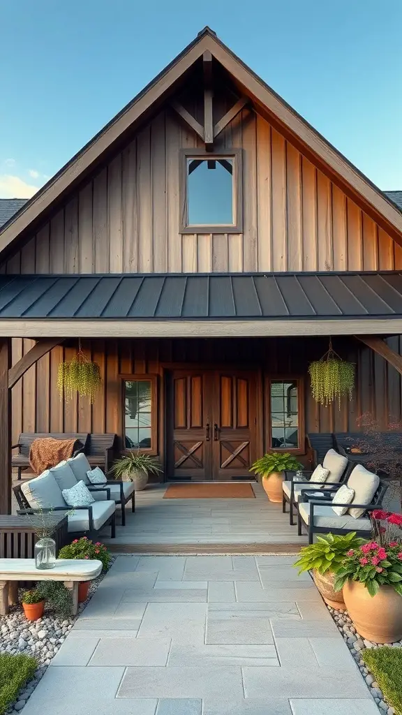 27+ Stunning Barndominium Exterior Ideas to Inspire Your Dream Home 2 Stylish porch design featuring wooden exterior, double doors, comfortable seating, and potted plants.