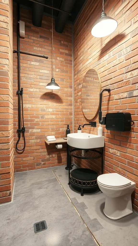 23+ Stunning Bathroom Brick Wall Accent Ideas You Need to Try 5 Industrial style bathroom featuring a brick wall, round mirror, and modern fixtures.