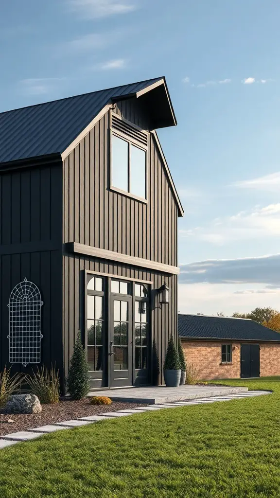 25+ Stunning Black Barndominium Designs You’ll Love 4 A modern black barndominium with a sleek exterior, large windows, and a green lawn.
