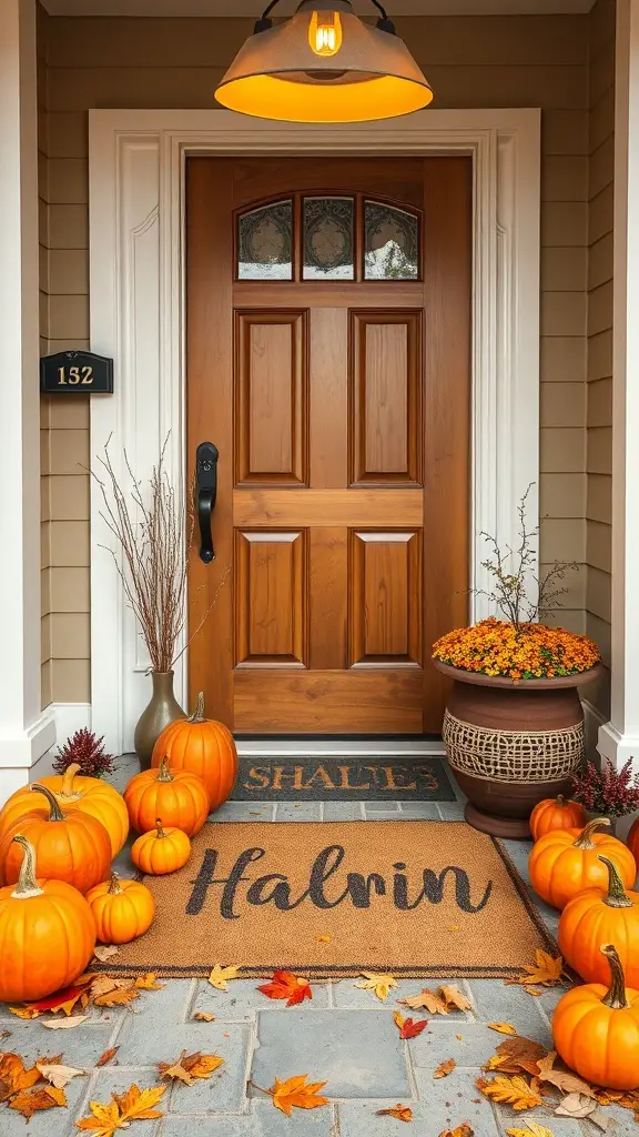 A cozy front door with a personalized doormat, surrounded by pumpkins and autumn plants.