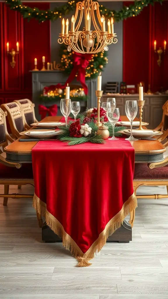29+ Stunning Christmas Table Runner Ideas for a Festive Holiday Table 8 A dining table with a red velvet table runner featuring golden fringes, surrounded by elegant tableware and festive decorations.