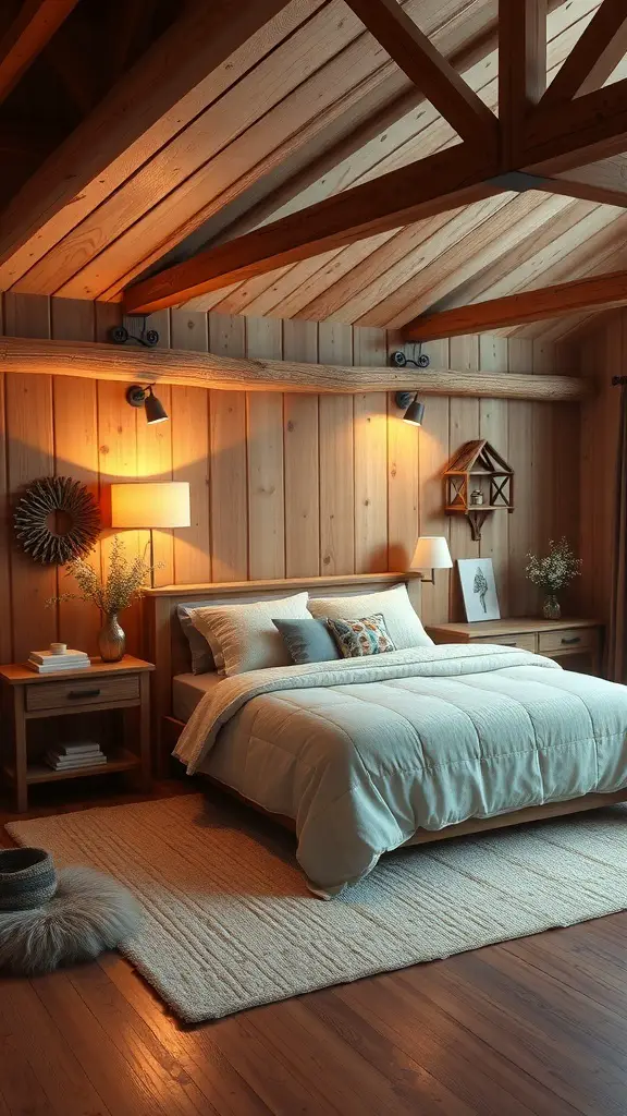 29+ Inspiring Barndominium Interior Ideas You’ll Love 2 Cozy bedroom with wooden walls and soft bedding
