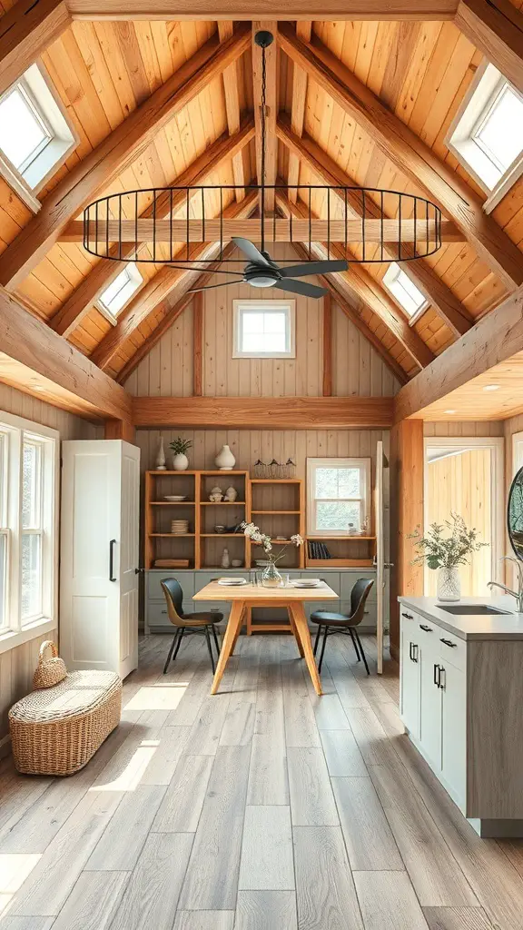 29+ Inspiring Barndominium Interior Ideas You’ll Love 4 Interior of a barndominium featuring a high wooden ceiling, dining area, and natural light.