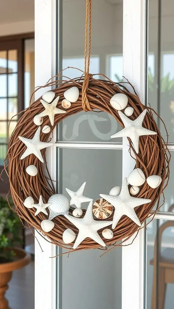 A beach-inspired grapevine wreath decorated with white starfish and seashells, hanging on a door.