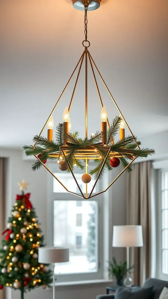 29+ Stunning Christmas Chandelier Ideas to Brighten Your Holidays 3 A modern geometric chandelier decorated with greenery and ornaments, illuminating a cozy room with a Christmas tree in the background.