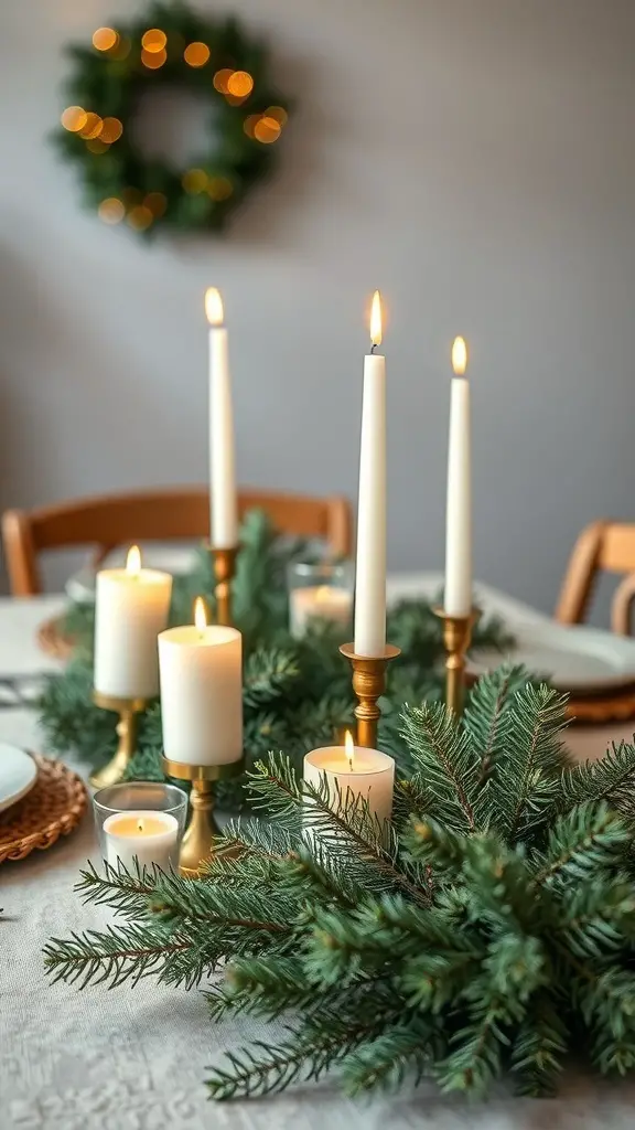 A table decorated with pine needles, candles, and a festive wreath in the background.