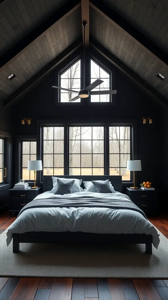 25+ Stunning Black Barndominium Designs You’ll Love 2 Luxurious master suite with dark wood accents, large windows, and a cozy bed.