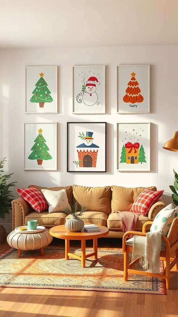 A cozy living room decorated with cheerful holiday artwork, featuring Christmas trees, a snowman, and other festive designs.