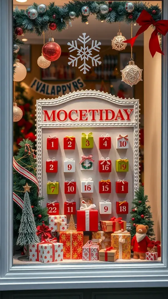 23+ Stunning Christmas Window Decorations to Brighten Your Home 4 A festive advent calendar window display with colorful boxes, Christmas decorations, and small trees.
