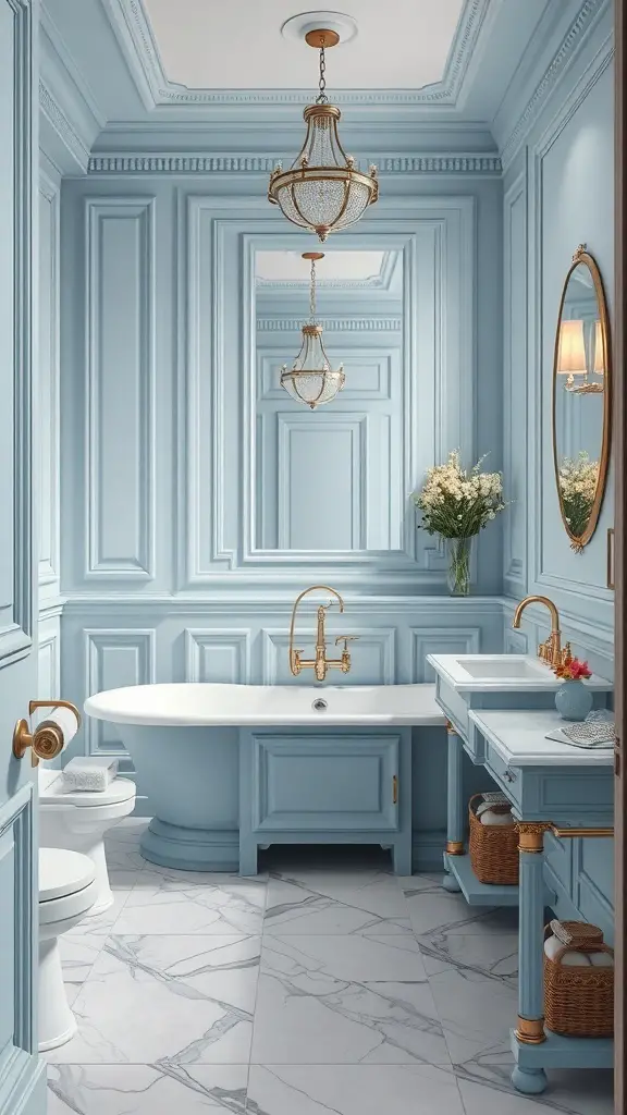 29+ Stunning Blue Bathroom Ideas You’ll Love 14 Elegant bathroom with powder blue fixtures and gold accents