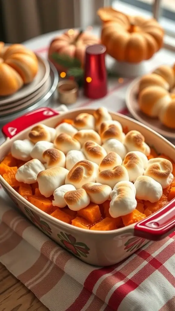 25+ Delicious Thanksgiving Dinner Ideas You Need to Try 13 A sweet potato casserole topped with toasted marshmallows, surrounded by festive decorations.