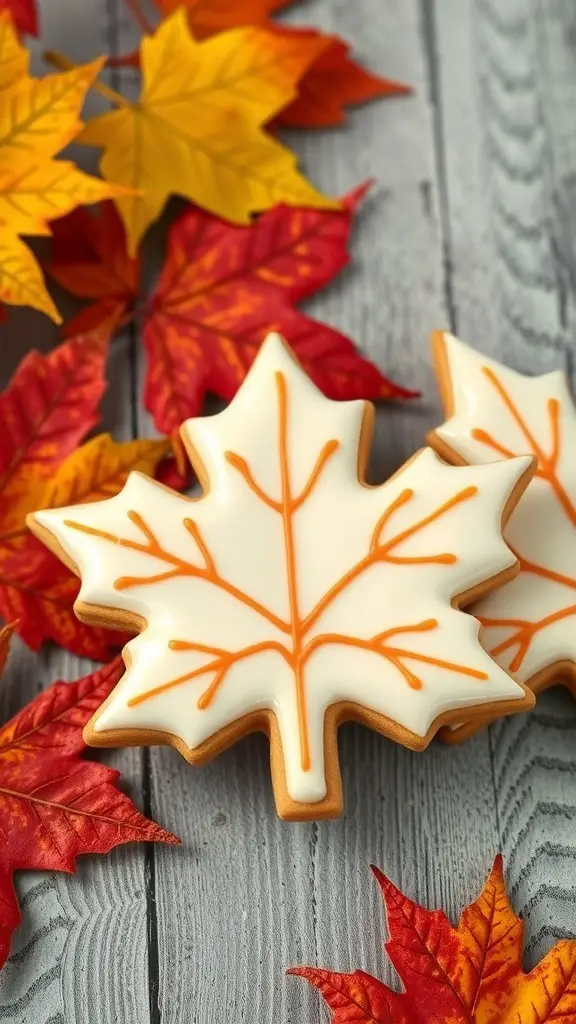 Maple leaf cookies decorated with white icing and orange lines, surrounded by colorful autumn leaves.