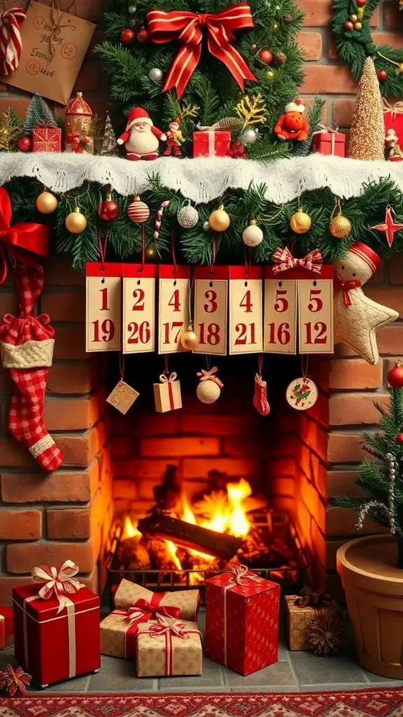A festive Christmas chimney decoration featuring an advent calendar, colorful ornaments, and wrapped gifts.