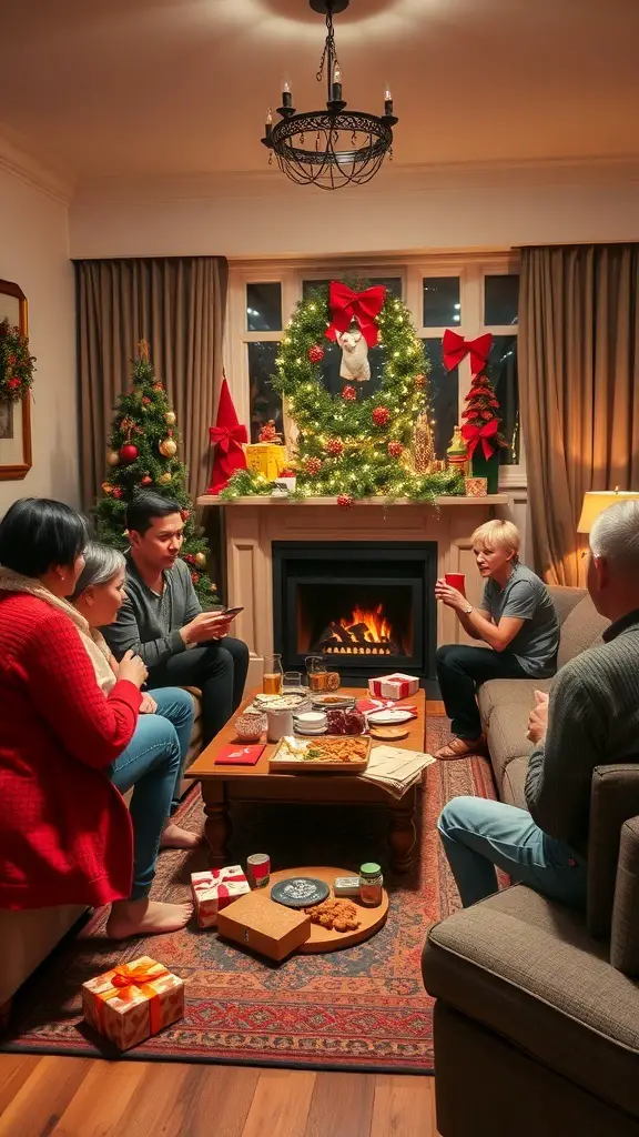 A cozy gathering by the fireplace during Boxing Day celebrations in England, featuring festive decorations and snacks.