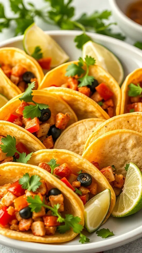 A platter of mini tacos filled with colorful vegetables and garnished with cilantro and lime.