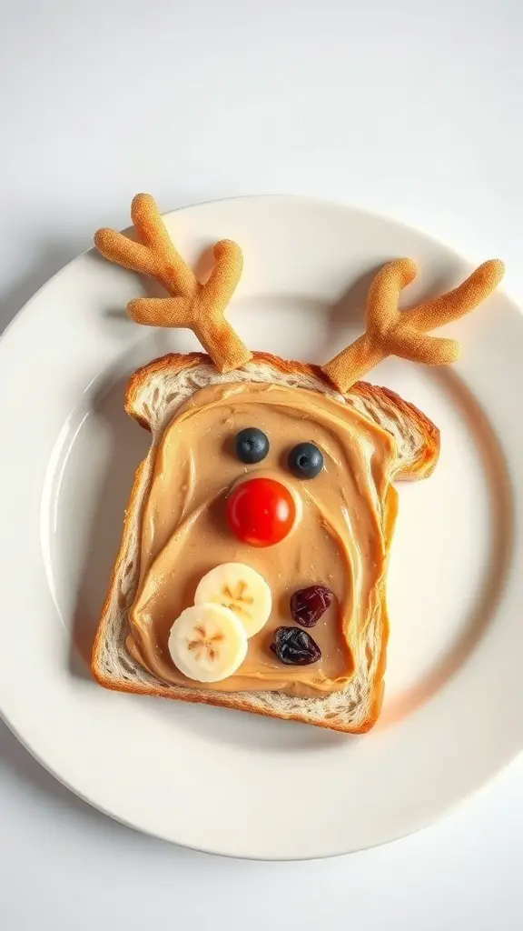 23+ Creative Christmas Breakfast Ideas That Kids Will Love 8 A slice of toast decorated to look like a reindeer, with nut butter, banana slices, a cherry tomato, blueberries, and pretzel antlers.