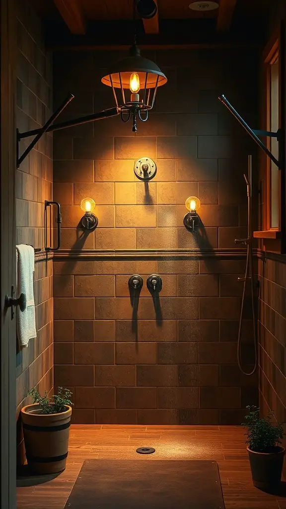 27+ Inspiring Rustic Walk-In Shower Ideas You’ll Love 13 A rustic walk-in shower with warm lighting fixtures, showcasing a cozy atmosphere.