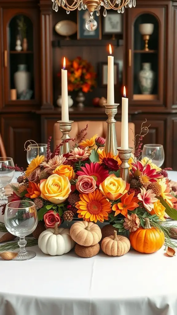 A beautiful Thanksgiving table centerpiece with flowers, pumpkins, and candles.