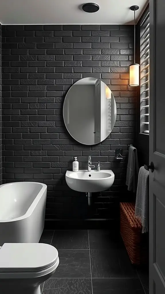 23+ Stunning Bathroom Brick Wall Accent Ideas You Need to Try 10 A modern bathroom featuring dark brick walls, a round mirror, and sleek white fixtures.