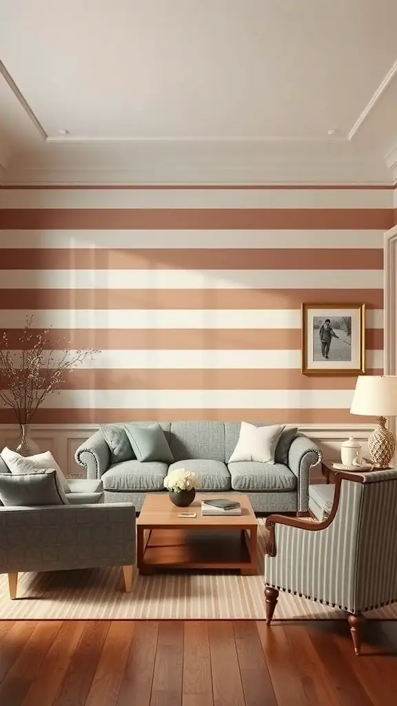 27+ Stunning Wall Paint Designs to Transform Your Space 16 A cozy living room with classic striped wall paint in warm colors.