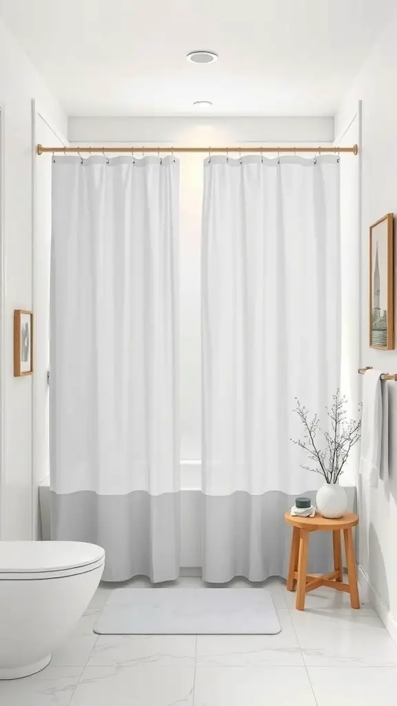 23+ Chic Neutral Toned Bathroom Ideas for a Serene Space 12 A modern bathroom featuring light gray shower curtains, a white toilet, and a wooden stool.