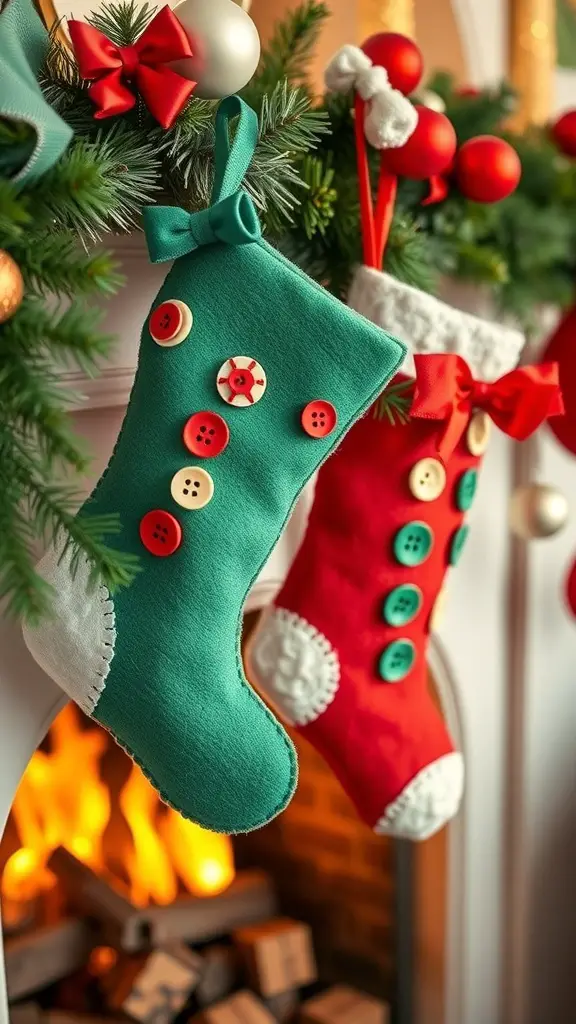 Colorful felt Christmas stockings hanging by a fireplace