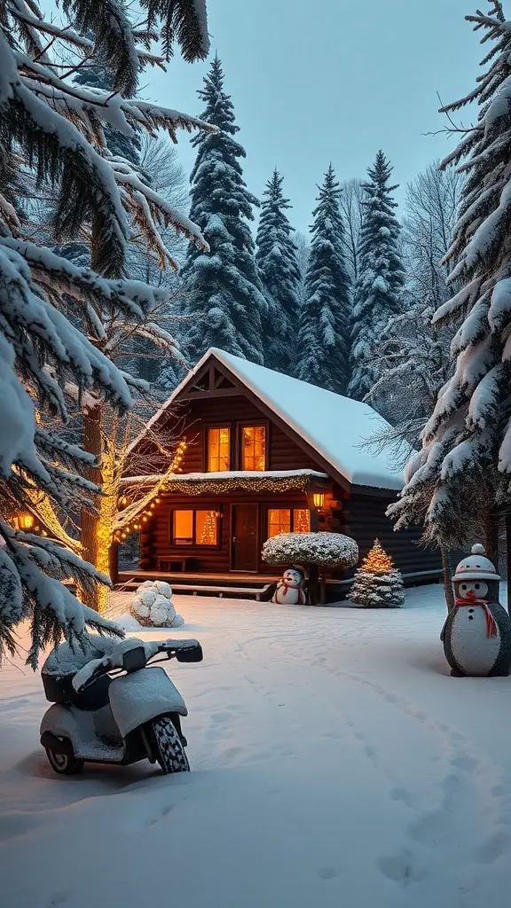 A cozy cabin in a snowy outdoor scene with snowmen and twinkling lights